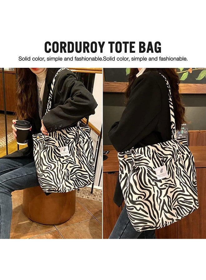 Kawn Kawn® Women Corduroy Tote Bag Canvas Shoulder Cord Purse Reusable Shopping Bag Grocery Bag Large Capacity Washable Handbag Girls Shoulder Bag with Inner Pocket For Daily Use Work Travel (Zebra) - Image 3