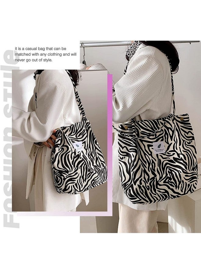 Kawn Kawn® Women Corduroy Tote Bag Canvas Shoulder Cord Purse Reusable Shopping Bag Grocery Bag Large Capacity Washable Handbag Girls Shoulder Bag with Inner Pocket For Daily Use Work Travel (Zebra) - Image 5