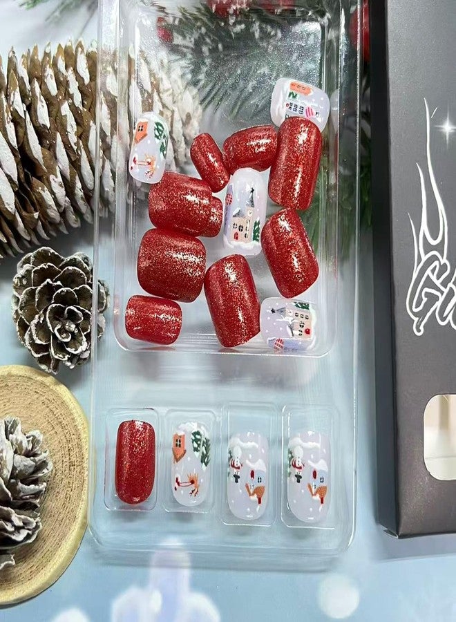 أظافر صناعية قصيرة مربعة حمراء لامعة بتصميم كرتوني لطيف لعيد الميلاد من Vopintpy، مناسبة لتزيين الأظافر بنفسك. أظافر أكريليك لاصقة لامعة لعيد الميلاد، مثالية للنساء. - Image 4