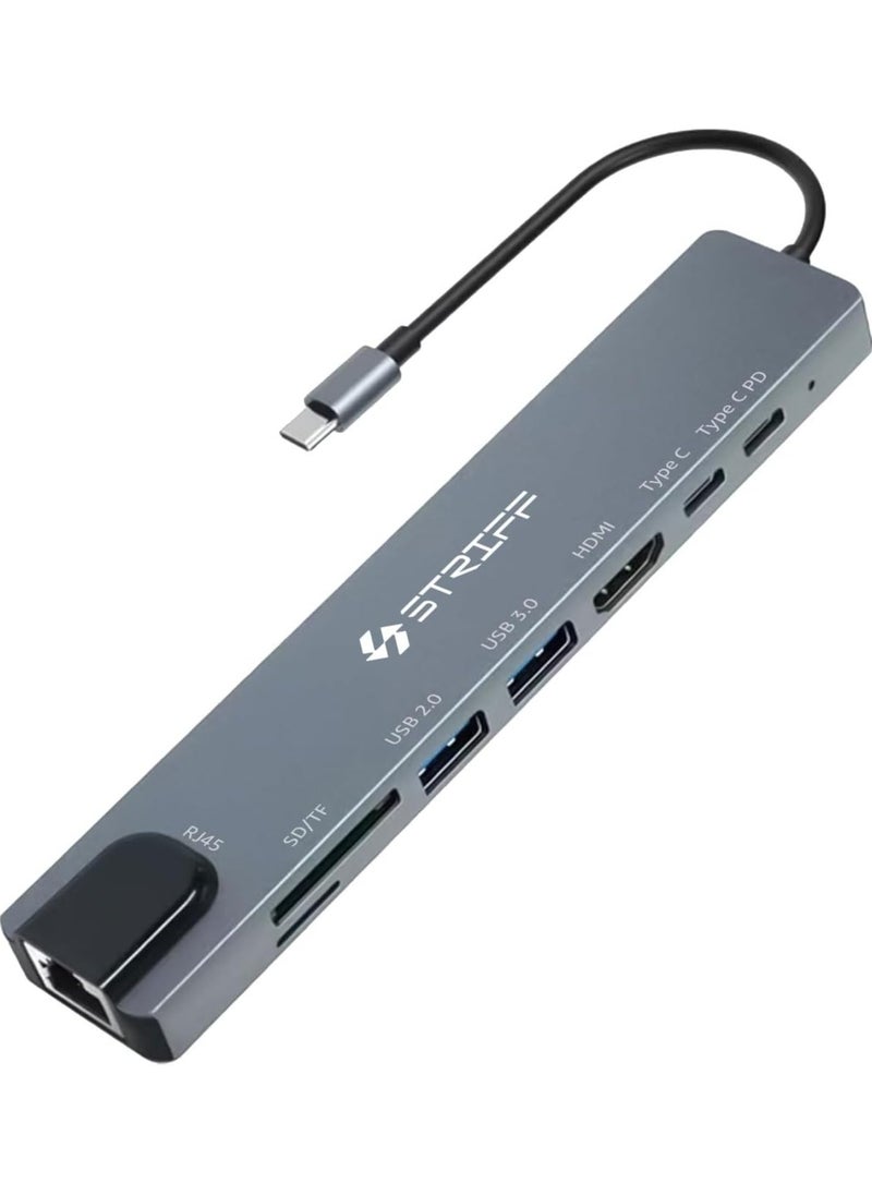 Striff - STRIFF 8 in 1 USB-C Hub with SD/TF Card Reader, 4K HDMI, USB 3.0, Power Delivery, Ethernet - Compatible with MacBook Pro M1/M2, Windows, iPhone, Smartphones - Image 1