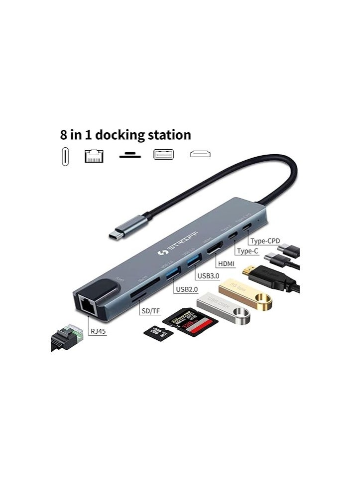 Striff - STRIFF 8 in 1 USB-C Hub with SD/TF Card Reader, 4K HDMI, USB 3.0, Power Delivery, Ethernet - Compatible with MacBook Pro M1/M2, Windows, iPhone, Smartphones - Image 1