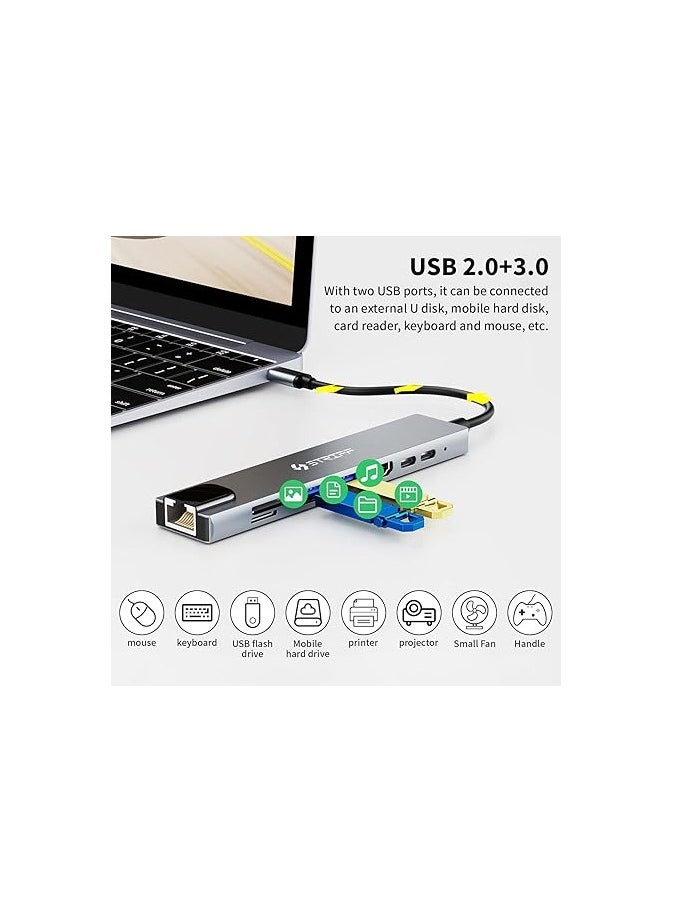 Striff - STRIFF 8 in 1 USB-C Hub with SD/TF Card Reader, 4K HDMI, USB 3.0, Power Delivery, Ethernet - Compatible with MacBook Pro M1/M2, Windows, iPhone, Smartphones - Image 1