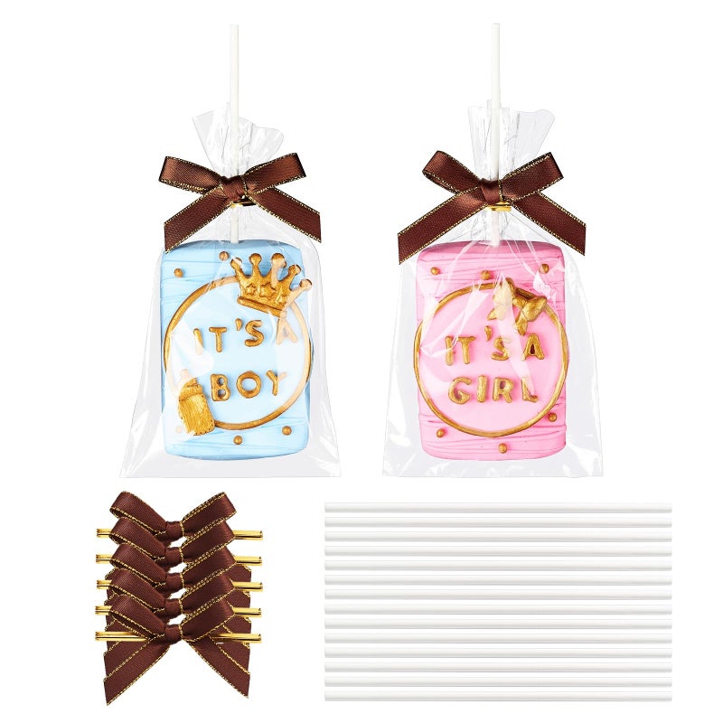 RomanticBaking 50 Sets Clear Rice Krispie Treat Bags with Brown Ribbon Bow and Stick & Flat Cellophane Clear Bags for Rice Krispie Treats Gift Giving Bag(Gold) - Image 1