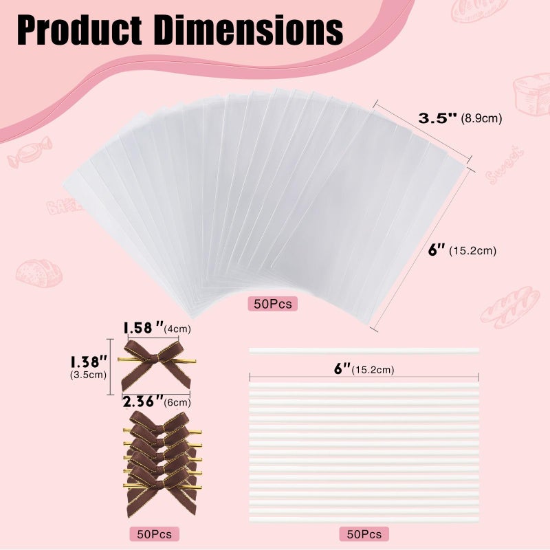 RomanticBaking 50 Sets Clear Rice Krispie Treat Bags with Brown Ribbon Bow and Stick & Flat Cellophane Clear Bags for Rice Krispie Treats Gift Giving Bag(Gold) - Image 2