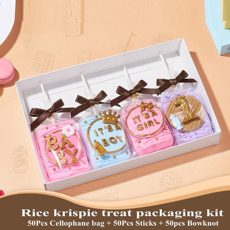 RomanticBaking 50 Sets Clear Rice Krispie Treat Bags with Brown Ribbon Bow and Stick & Flat Cellophane Clear Bags for Rice Krispie Treats Gift Giving Bag(Gold) - Image 5