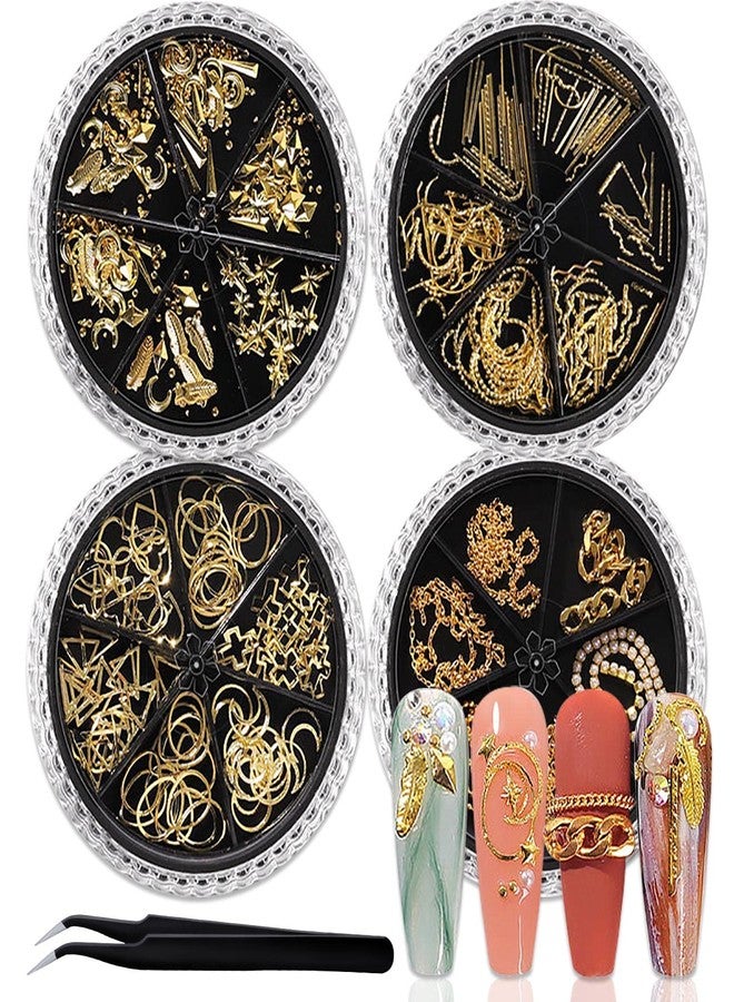 SILPECWEE سليبيكوي 4 صناديق من زينة الأظافر الذهبية، جواهر الأظافر، زينة أظافر ثلاثية الأبعاد، دبابيس أظافر مجوفة، حبات زينة للأظافر، سلاسل معدنية، زينة أظافر مع ملقط - Image 1