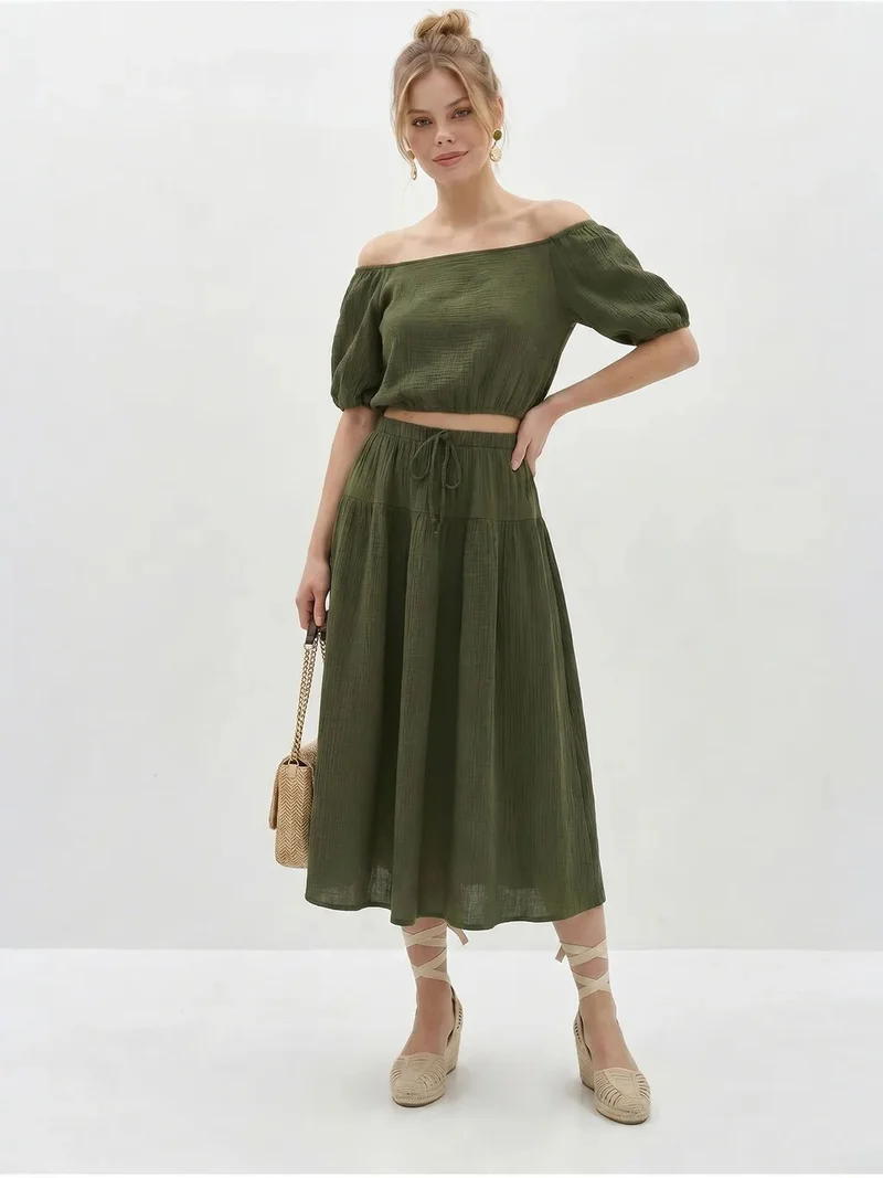 بيانكو لوتشي LUCCI Cotton Seersucker Blouse And Midi Skirt Set
