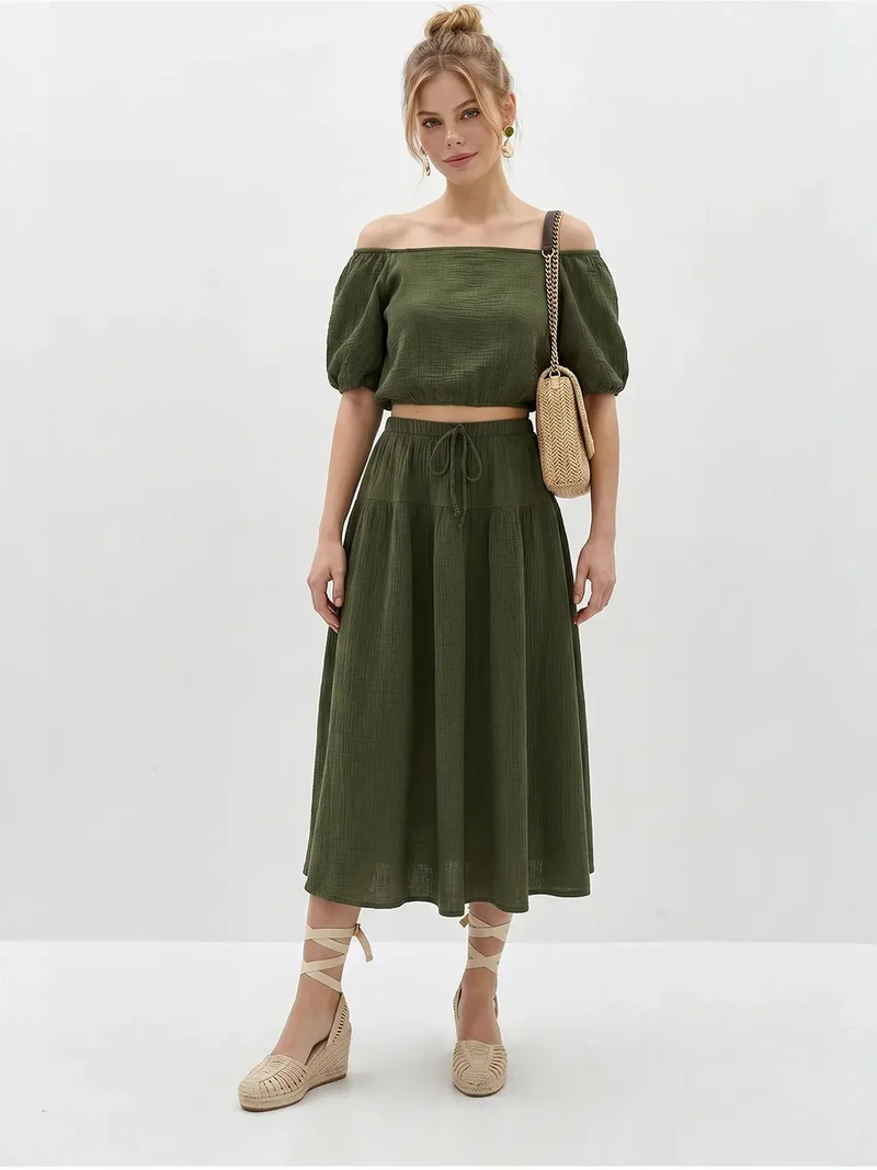 بيانكو لوتشي LUCCI Cotton Seersucker Blouse And Midi Skirt Set