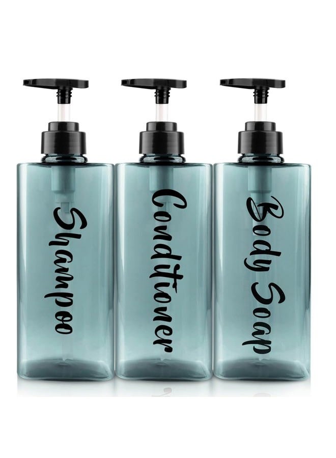 AUMIO 16.9oz Shampoo Dispenser for Shower (3 Pack) - Refillable Shampoo and Conditioner Bottles with Pump, Empty Clear Blue Plastic Body Wash Container Set, Printed Shower Soap Dispensers for Bathroom - Image 1