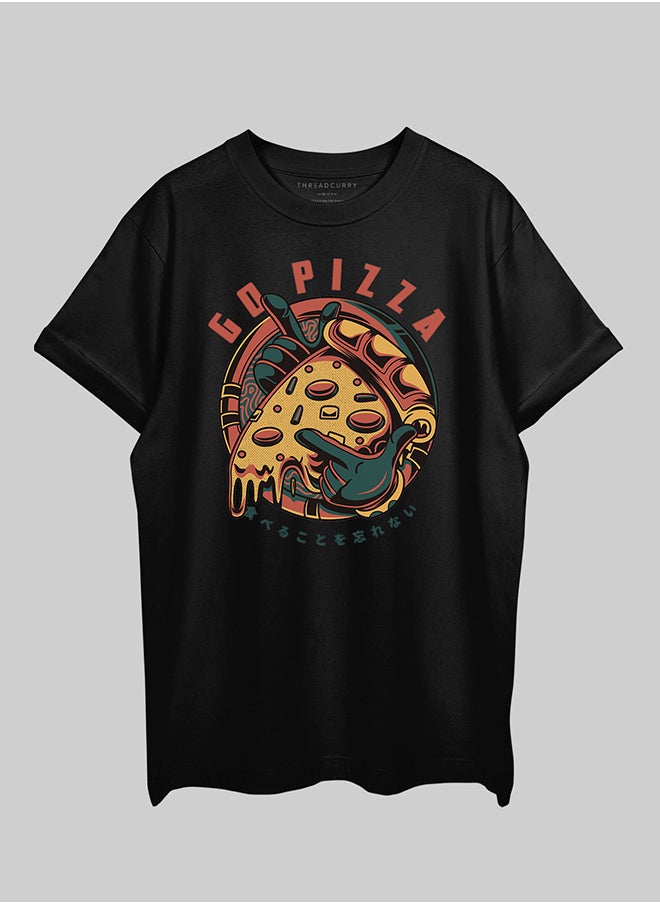 THREADCURRY THREADCURRY Go Pizza Oversized Drop Shoulder Cotton Loose Printed T-Shirt for Men  - Image 1
