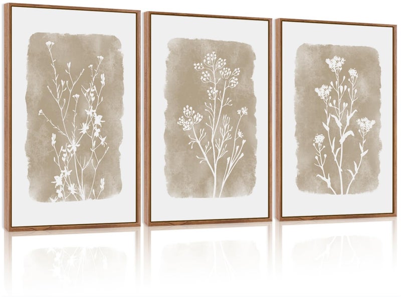 CHDITB مجموعة فنون الحائط النباتية من CHDITB مزينة بإطار ديكور نباتي بوهيمي محايد Minimalist لوحات جدارية زهرية ريفية من قماش الزهور البرية للطباعة لغرفة المعيشة وغرفة النوم والحمام 16x24x3 كبيرة