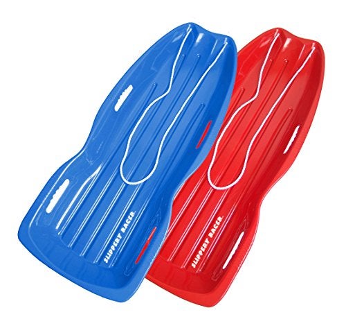 Slippery Racer Downhill Xtreme Flexible Adults and Kids Plastic Toboggan Snow Sled for up to 2 Riders with Pull Rope and Handles BlueRED 2 Pack - Image 1