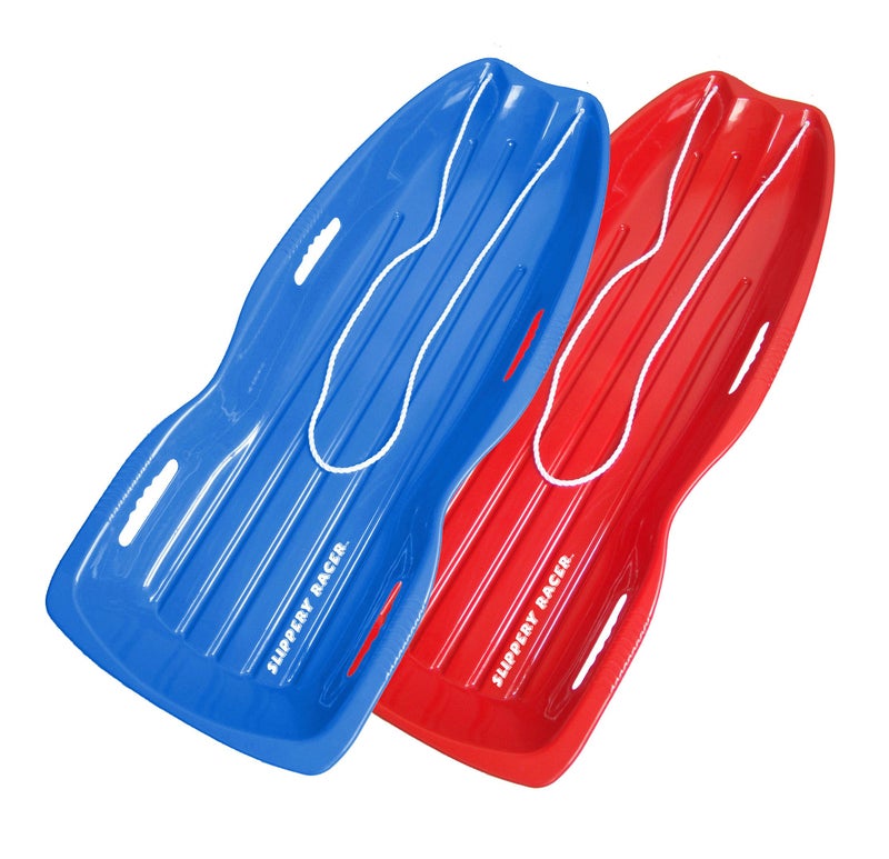 Slippery Racer Downhill Xtreme Flexible Adults and Kids Plastic Toboggan Snow Sled for up to 2 Riders with Pull Rope and Handles BlueRED 2 Pack - Image 2