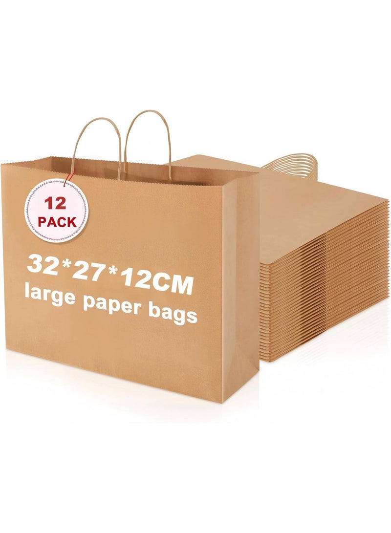 عبوة من 12 كيسًا ورقيًا بنيًا بمقابض مقاس 32 × 27 × 12 سم، أكياس هدايا كرافت كبيرة لحفلات أعياد الميلاد وحفلات الزفاف والتسوق والهدايا - Image 1