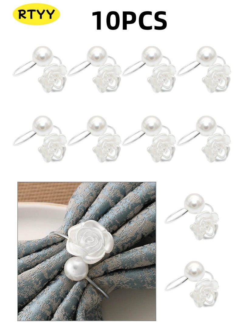 RTYY 10 Pcs Napkin Rings,Imitation Beaded White Napkin Rings,White Rose Pearl Dining Table Napkin Ring Holder,Vintage Paper Towel Rings for Decor Dinner Party,Wedding,Anniversary,Birthday,Table Decor Gift - Image 1