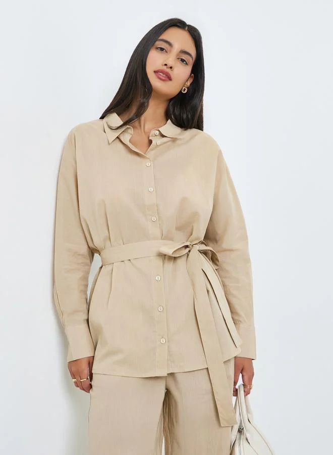 Styli Beige Oversized Cotton Shirt and Pants Co-ords