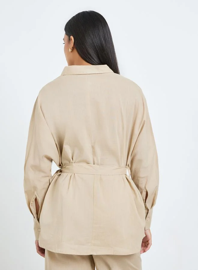 Styli  Beige Oversized Cotton Shirt and Pants Co-ords for Women | Best Price UAE