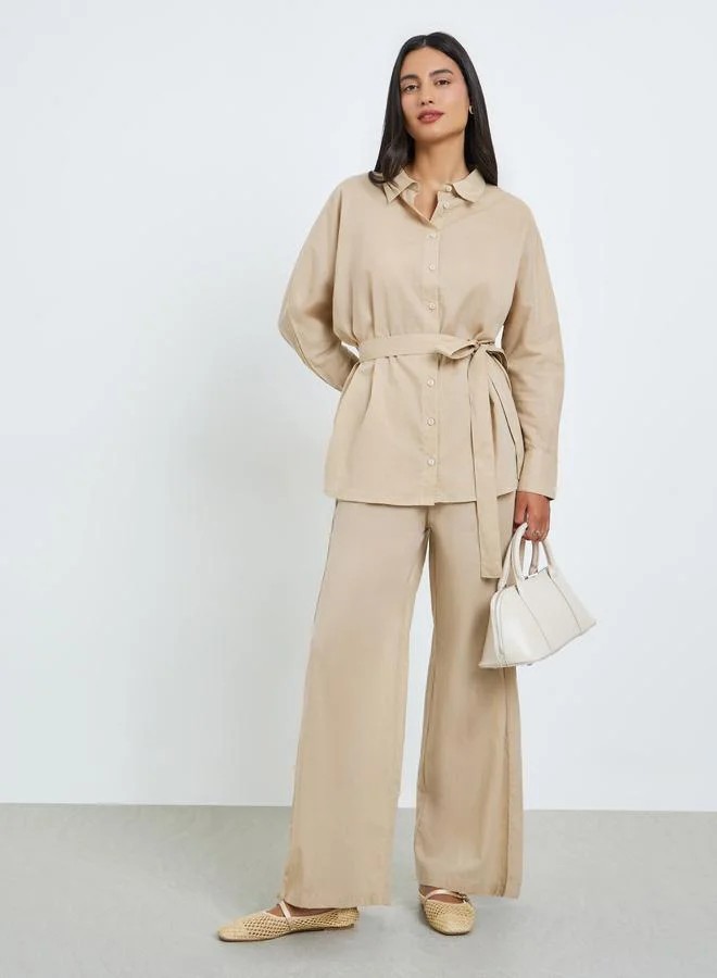 Styli Beige Oversized Cotton Shirt and Pants Co-ords