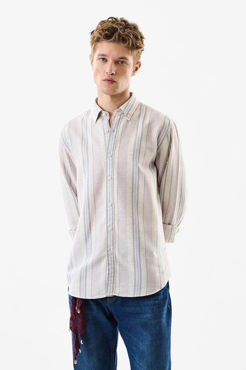 سنيتش Pastel Blue Striped Long Sleeve Slim Fit Shirt