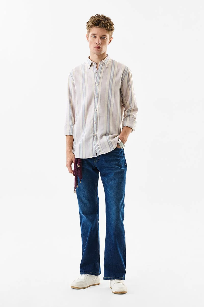 سنيتش Pastel Blue Striped Long Sleeve Slim Fit Shirt