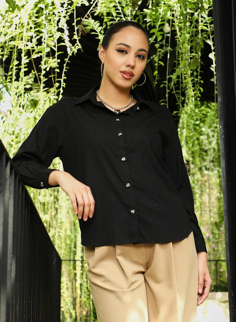 PINACOLADA Women's Onyx Black Cross-Stitch Imprint Oversized Shirt