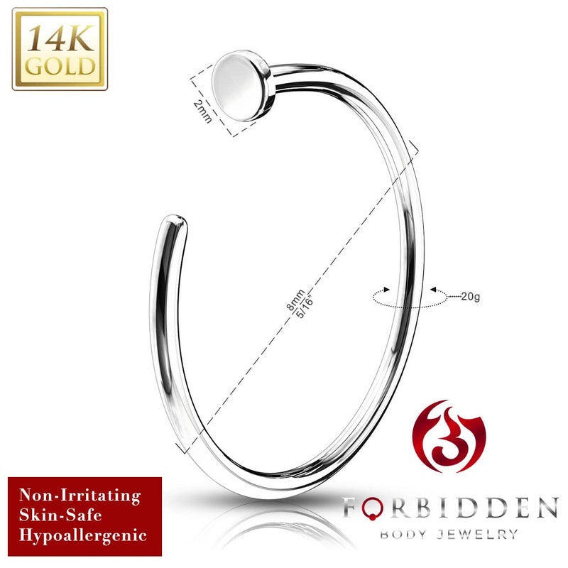 Forbidden Body Jewelry 14K White Gold Nose Ring, 20g, Solid 8mm Hoop, Non-Irritating Skin Safe Real Gold, Women and Men - Image 2