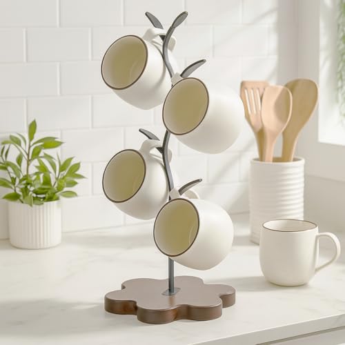 Bellglee Mug Tree for Coffee Cups Rustic Mug Holder Stand with 4 Hooks Countertop Cup Rack for Coffee Bar Kitchen Organization - Image 3