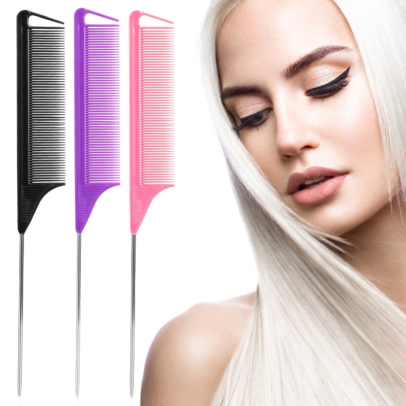 Kunihiko Rat Tail Combs Set: 3Pcs Long Steel Pin Teasing Combs for Salon Hair Stylists, Metal Parting Combs for Women (Purple, Black, Pink) - Image 2