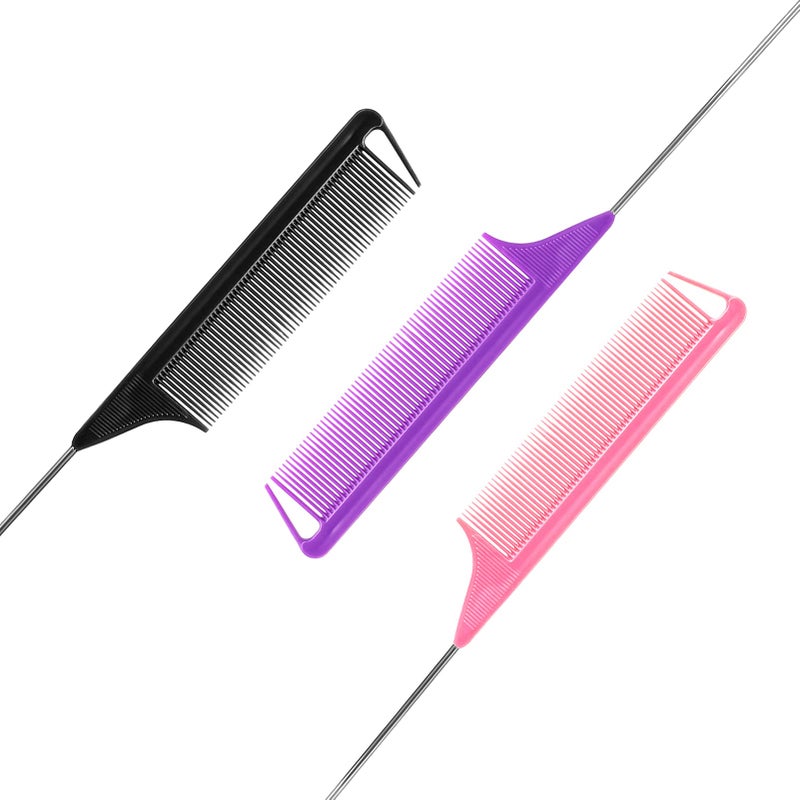 Kunihiko Rat Tail Combs Set: 3Pcs Long Steel Pin Teasing Combs for Salon Hair Stylists, Metal Parting Combs for Women (Purple, Black, Pink) - Image 3