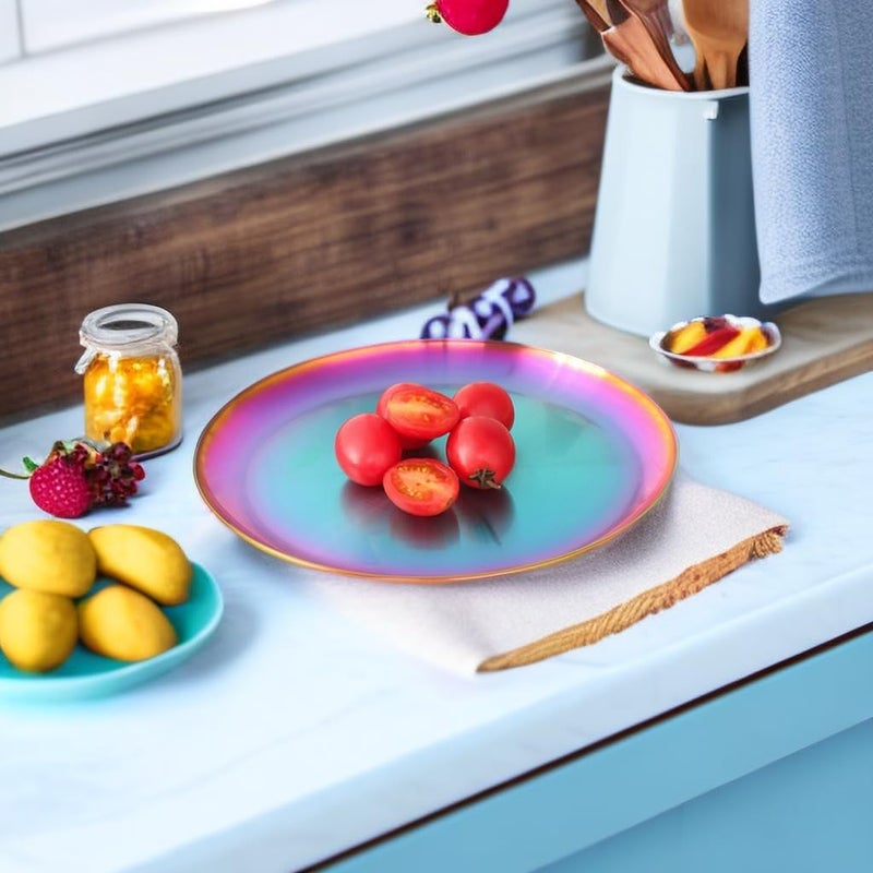 JYJFGSFA 6Pieces Rainbow Plates Dessert Plate Set 91Inch Stainless Steel Metal Colorful Dish Dinnerware Set for Camping Party Reusable and Dishwasher Safe - Image 4