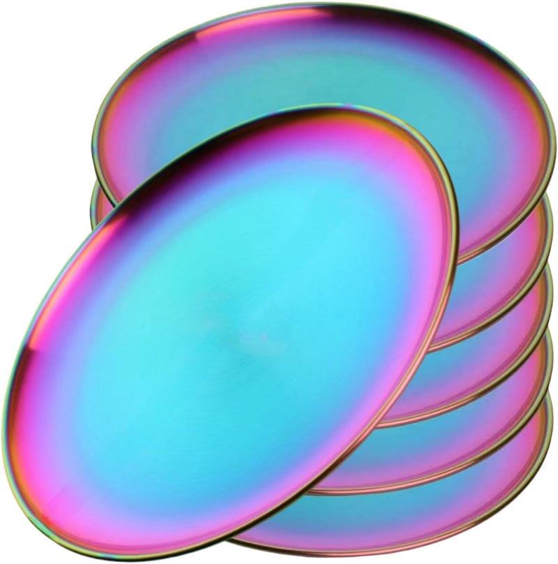 JYJFGSFA 6Pieces Rainbow Plates Dessert Plate Set 91Inch Stainless Steel Metal Colorful Dish Dinnerware Set for Camping Party Reusable and Dishwasher Safe - Image 1