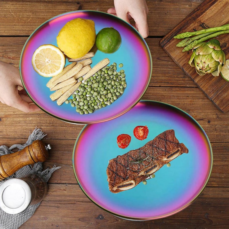 JYJFGSFA 6Pieces Rainbow Plates Dessert Plate Set 91Inch Stainless Steel Metal Colorful Dish Dinnerware Set for Camping Party Reusable and Dishwasher Safe - Image 5