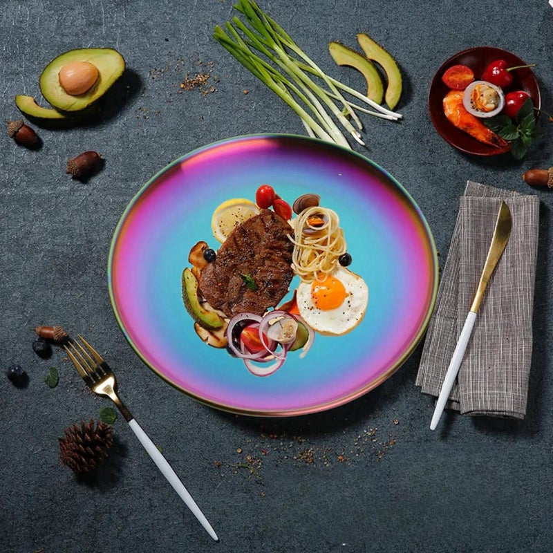 JYJFGSFA 6Pieces Rainbow Plates Dessert Plate Set 91Inch Stainless Steel Metal Colorful Dish Dinnerware Set for Camping Party Reusable and Dishwasher Safe - Image 3