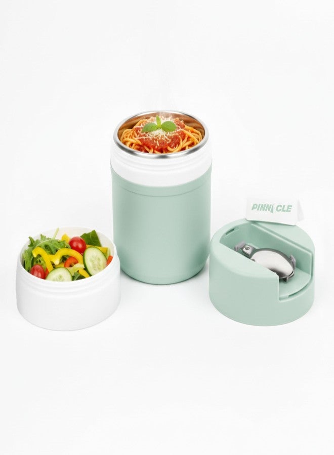 Pinnacle Pogo 600ml Food Jar | Stainless Steel Insulated Food Container with Dual Compartment,Wide Mouth & Foldable Spoon| Lunch Pot for Hot & Cold Food| Perfect for Office,School,Travel (Mist Green) - Image 1