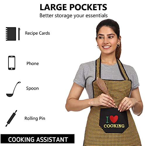 JMi Cotton Checkered Design Waterproof Apron with Multipurpose Front Large Embroidered Pocket Pack of 2 (W RED YELLOW) - Image 2