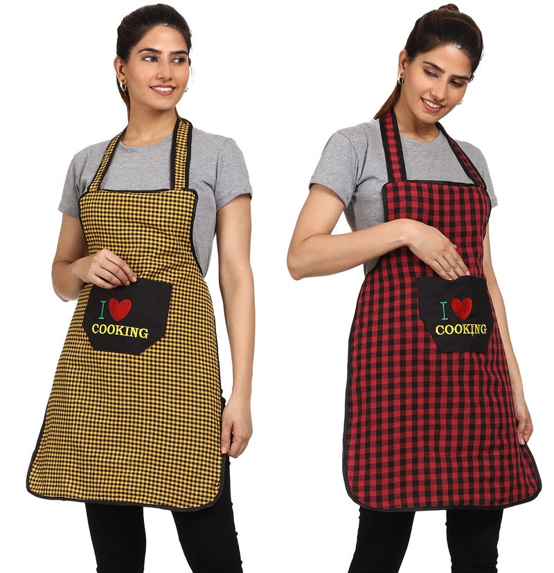 JMi Cotton Checkered Design Waterproof Apron with Multipurpose Front Large Embroidered Pocket Pack of 2 (W RED YELLOW) - Image 1