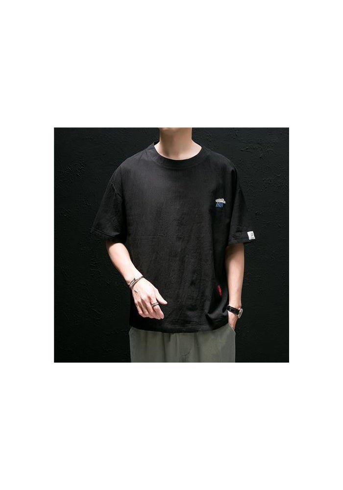 Linen T-shirt Men's Short-sleeved Chinese-style Embroidered Cotton and Linen Half-sleeved Loose Linen Top Mid-sleeved Round Neck Base Shirt - Image 1