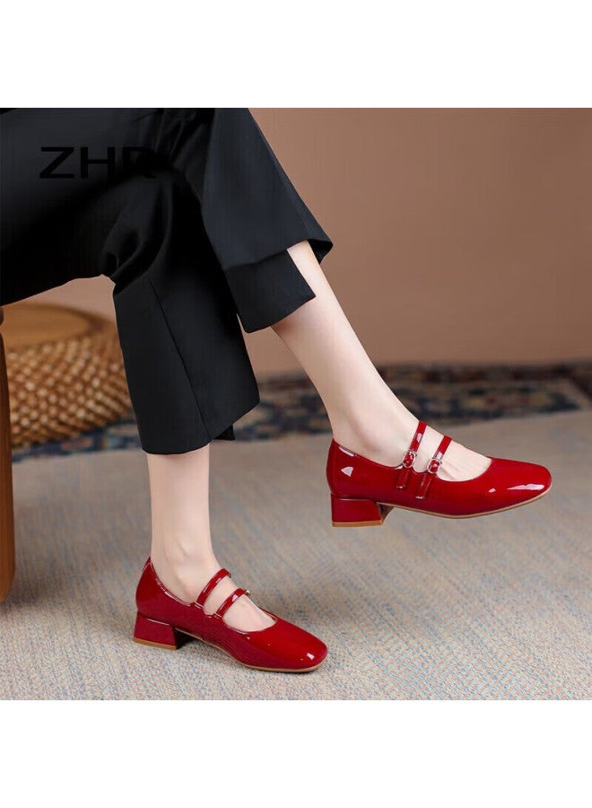 ZHR Women'S Genuine Leather Chunky Heel Single Shoes Women'S Shallow Mouth Square Head Mary Jane Shoes Bl191 Wine Red Size 35 - Image 2