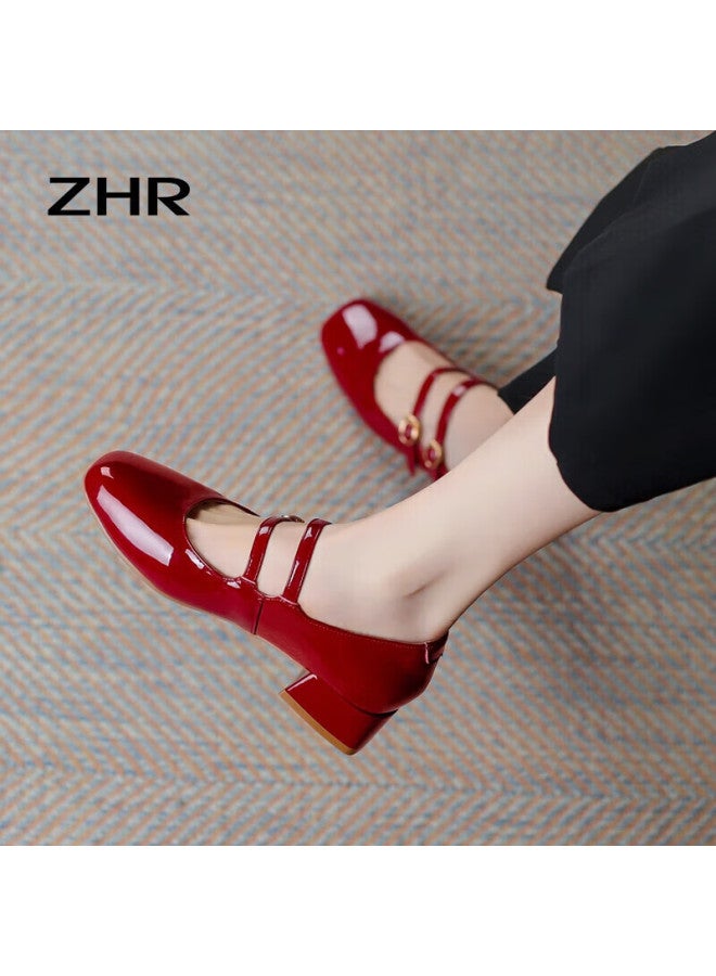 ZHR Women'S Genuine Leather Chunky Heel Single Shoes Women'S Shallow Mouth Square Head Mary Jane Shoes Bl191 Wine Red Size 35 - Image 3