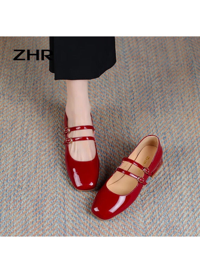ZHR Women'S Genuine Leather Chunky Heel Single Shoes Women'S Shallow Mouth Square Head Mary Jane Shoes Bl191 Wine Red Size 35 - Image 1
