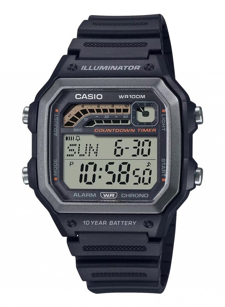 كاسيو ساعة كاسيو للرجال بمينا رقمي وسوار من الراتنج باللون الأسود، AE-1600H-1AVDF - Image 1