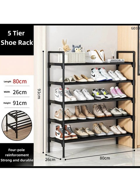 5 Tier Shoe Rack and Organiser, Sturdy Metal Shoe Organizer Space Saver for Entryway, Easy to Assemble Compact Shoes Rack with Large Capacity, Free Standing Shoe Storage Cabinet 80x26x91 cm