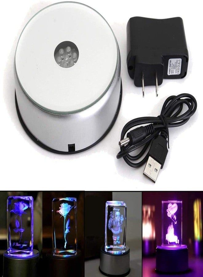 إستنك قاعدة حامل إضاءة Estink 7 LED، قاعدة عرض كريستالية دوارة بإضاءة ملونة، حامل دائري للعرض مع محول تيار متردد أمريكي للكريستالات والتحف الزجاجية، فضي - Image 4