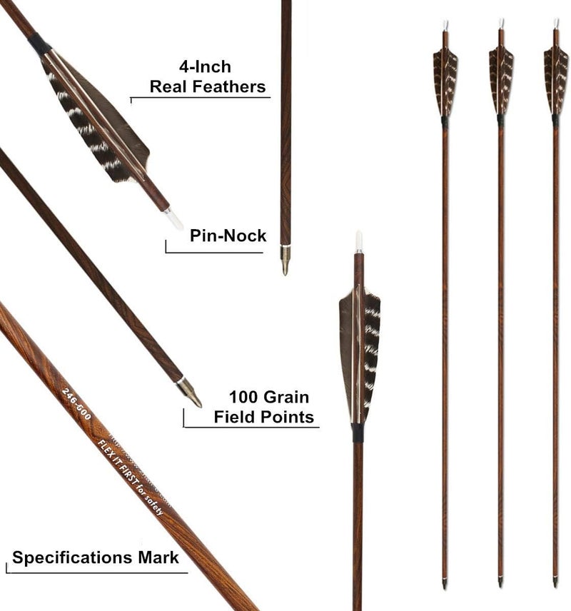 Letszhu Archery Carbon Arrows Wooden Grain Shaft 500 Spine with Feather Fletching for Hunting Target Shooting - Image 3