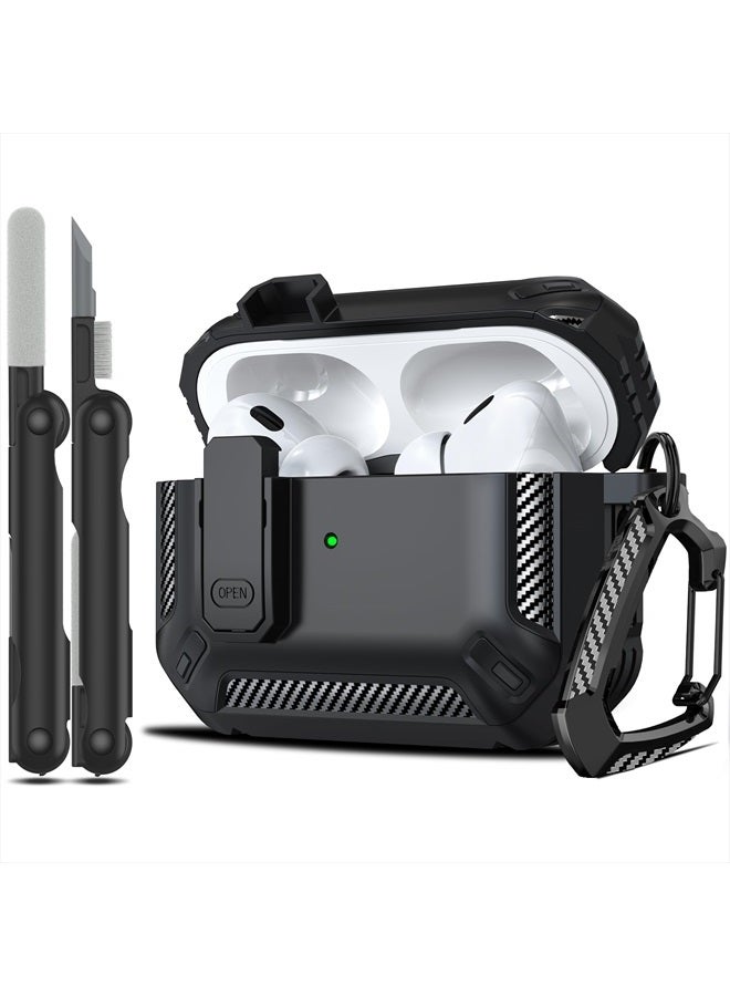 RFUNGUANGO for AirPods Pro Case Cover with Cleaner Kit, Military Hard Shell Protective Armor with Lock for AirPod Pro Charging Case, Front LED Visible,Black - Image 1