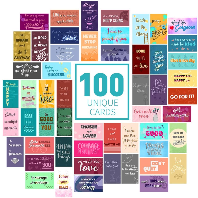 BRYTEFY 100 Motivational cards with inspirational quotes - encouragement and kindness cards shows gratitude and appreciation. Affirmation cards set contains 100 uniquely designed mini note cards - Image 1