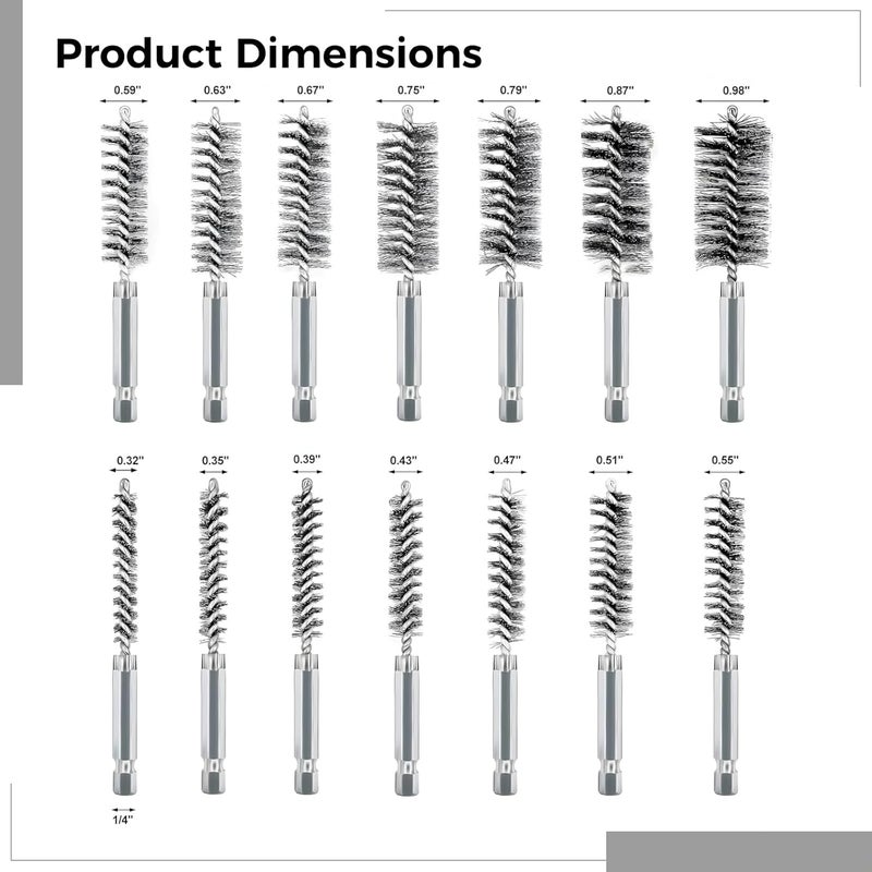 14-Piece Stainless Steel Bore Brush Set, 5/16 To 1 Inch, Wire Brushes For Drill, Heavy-Duty Metal Bristles With 1/4 Inch Hex Shank For Pipe And Cleaning, Rust Removal, Deburring - Image 3