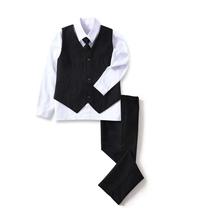 YuanLu 4 Piece Boyss Formal Suit Set with Black Vest Pants White Dress Shirt and Tie Size 10