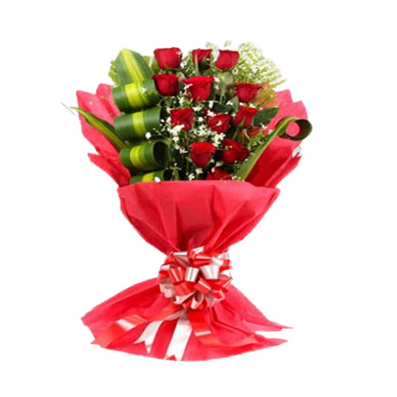 EG2i 12 Red Roses With Desina And Green Fillers Wrapping With Red Paper Red And White Ribbon - Image 1