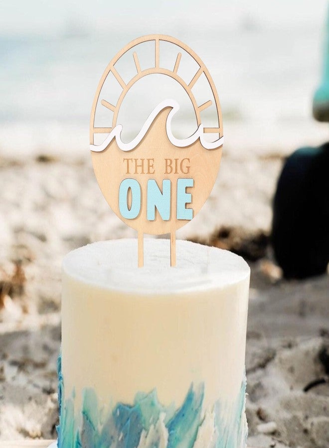 اي جيه كي في دبليو غطاء كعكة خشبي كبير من Agkvw - غطاء كعكة عيد ميلاد أول على شكل موجة شمس، ديكور عيد ميلاد أول على الشاطئ، قطعة واحدة، 5 × 8 بوصات، أصفر، أزرق - Image 4